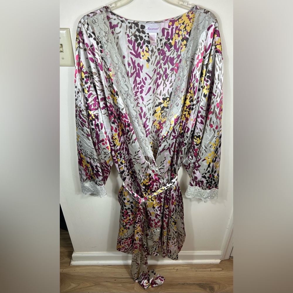 Amoureuse Satin Robe &‎ Belt Women’s Plus Size 4X Gray/Purple Lace Trim 44” VTG